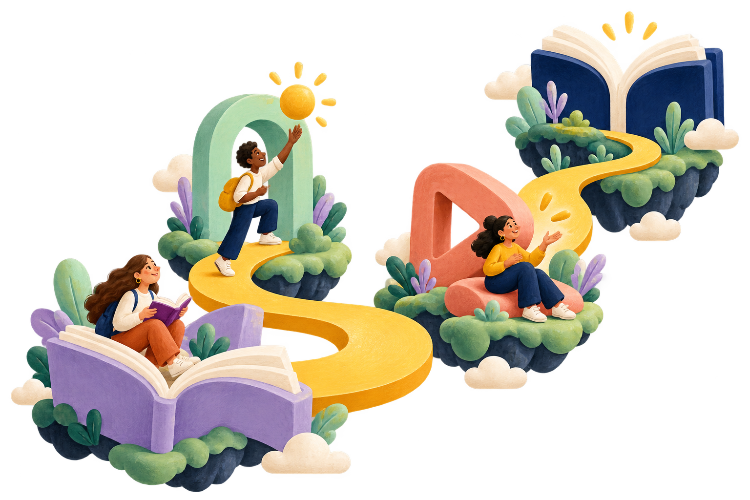 Pessoas explorando um caminho amarelo que conecta livros, ideias e descobertas.
